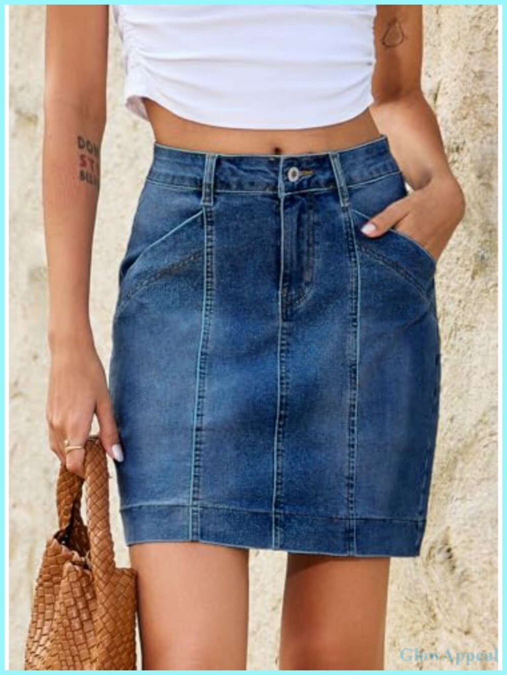 High Waisted Front Seam Mini Denim Skirt with Pockets - Picture 2 of 6